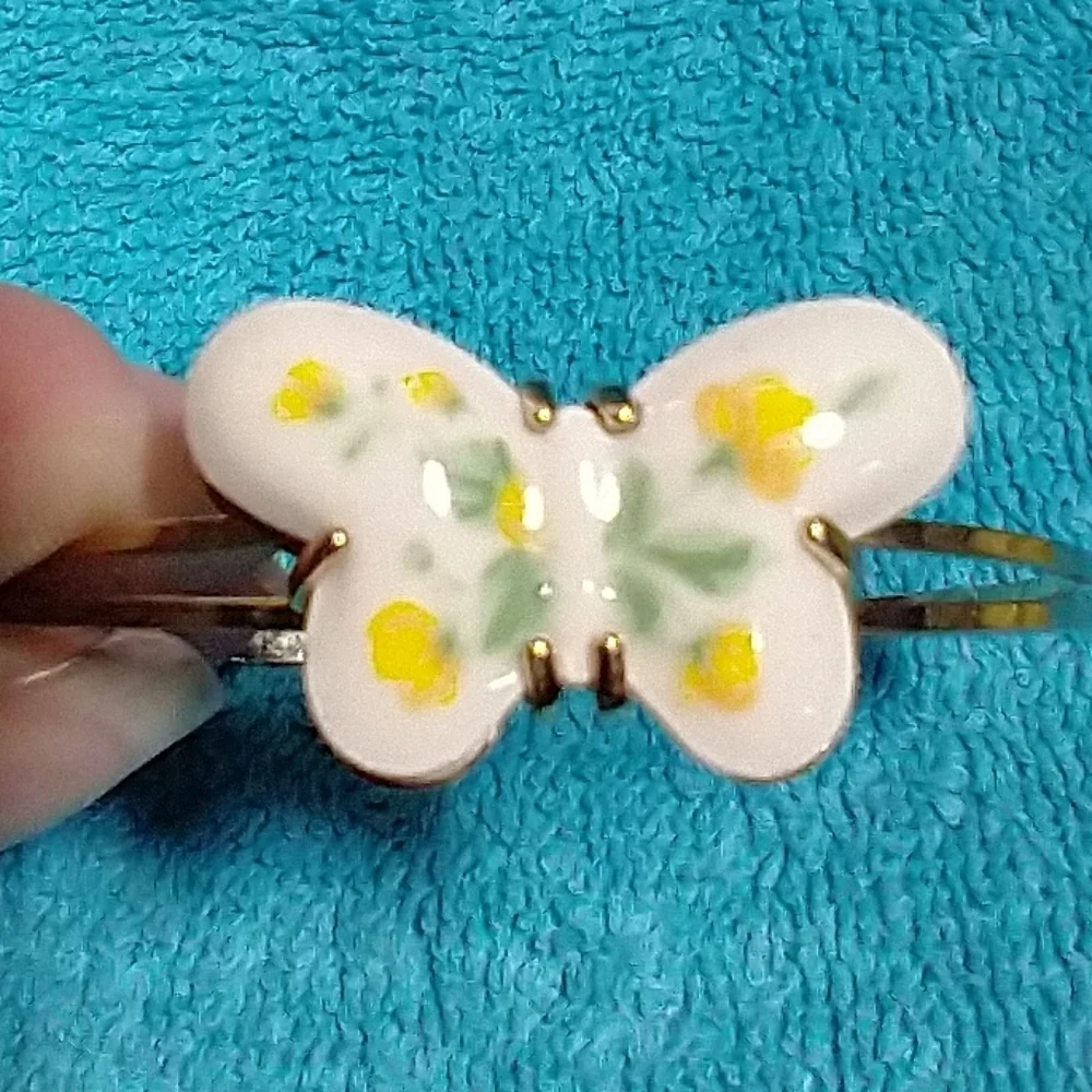 Goldtone Ceramic Yellow White Green Butterfly Cuff Bracelet Vintage - Picture 6 of 6